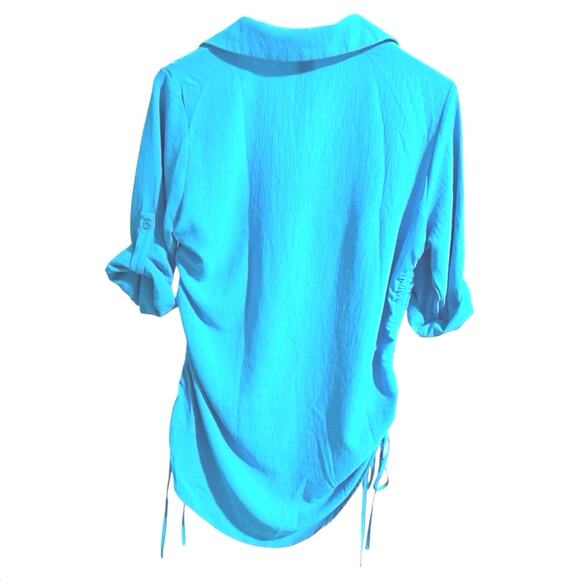 Swimsuit Cover-up - Blue- 3/4 Rolled Sleeves - Ruched with Ties - Small/Medium - Picture 2 of 14